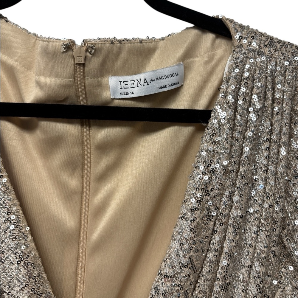 Long Sleeve Silver Sequin Wrap Gown with High Slit - Picture 7 of 8